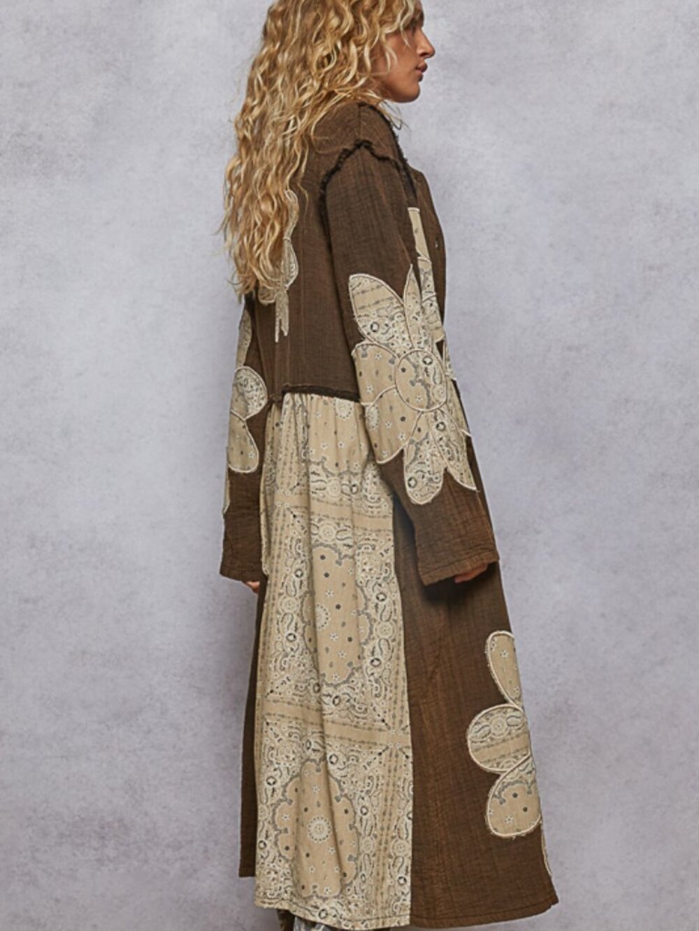 Charcoal LS Gauze w Floral Appliques Studded Long Jacket - Picture 2 of 4